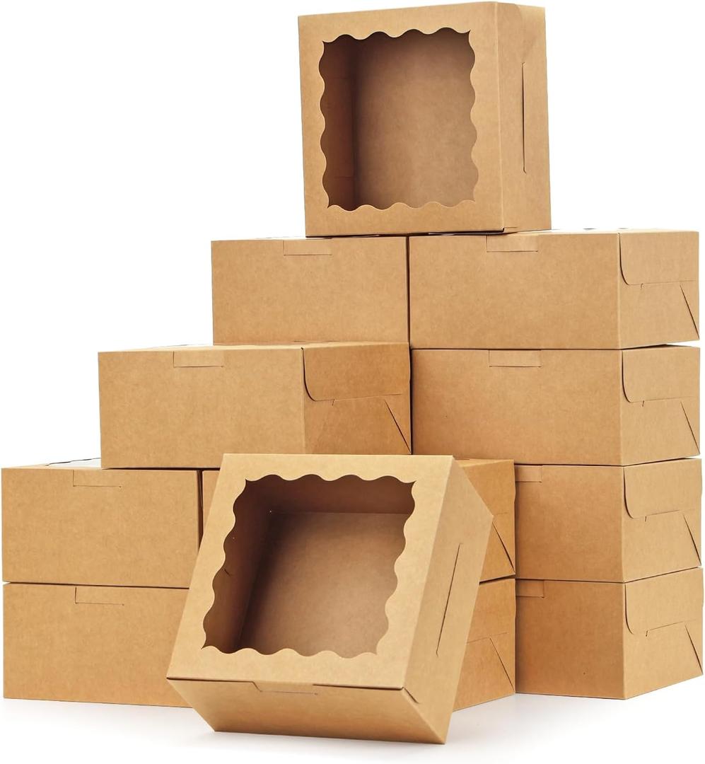 Moretoes 15pcs Cookie Boxes with Window, 6x6x3in Brown Bakery Boxes for Treats, Small Cake, Desserts, Donuts, Pastry