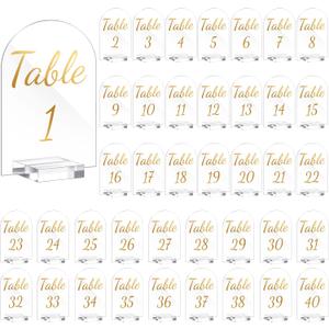 40 Pack 4 x 6 Inch Gold Acrylic Wedding Table Number 1-40 Clear Table Stand with Numbers Calligraphy Number Holders Signs for Wedding Reception Birthday Party Decorations