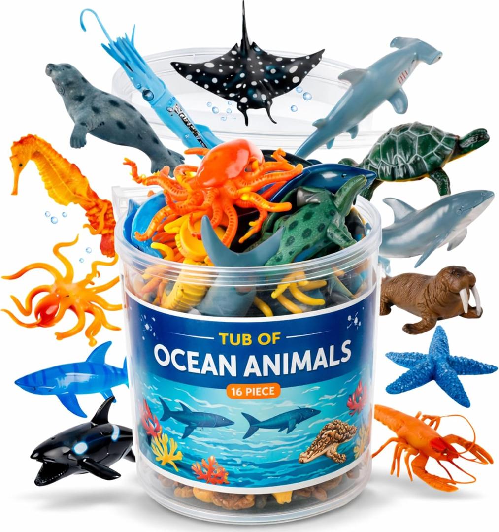 Liberty Imports Bucket of Ocean Sea Animals Toys - 16 PCS Large Underwater Deep Sea Creaures, Realistic Soft Plastic Marine Educational Toy Figures Playset for Toddlers, Kids