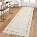 GarveeHome Scalloped Washable Runner Rug 2x6 Non Slip Kitchen Rugs Modern Beige Indoor Entryway Rug Farmhouse Soft Bath Mat Stain Resistant Carpet for Bedroom Hallway Laundry 2 ft x6 ft Beige