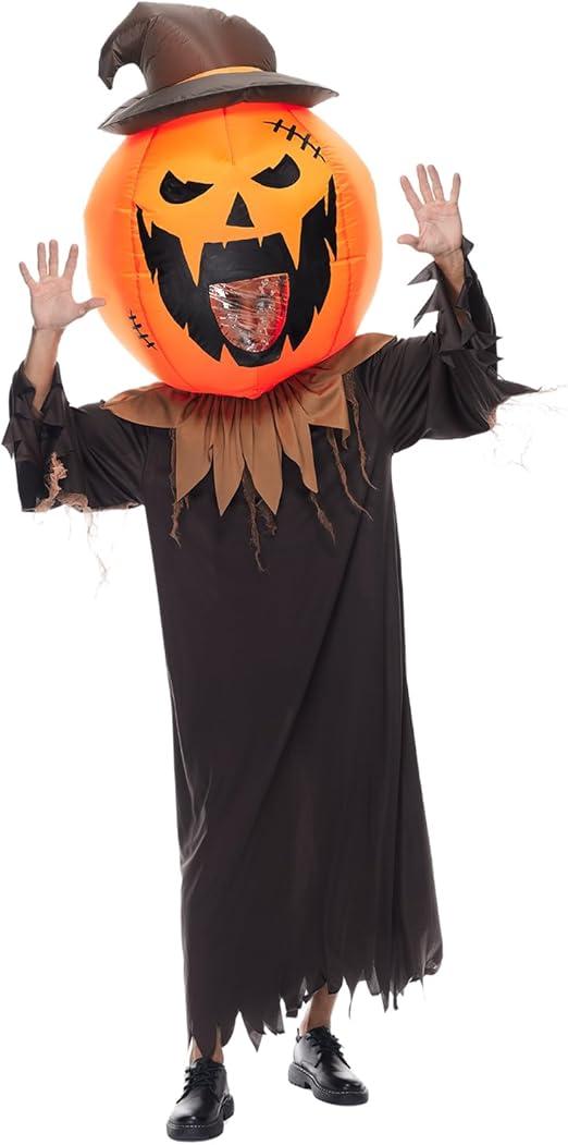 EraSpooky Adult Inflatable Pumpkin Costume Blow Up Halloween Scary Evil Pumpkin Head Wizard Suit Robe Set, One Size