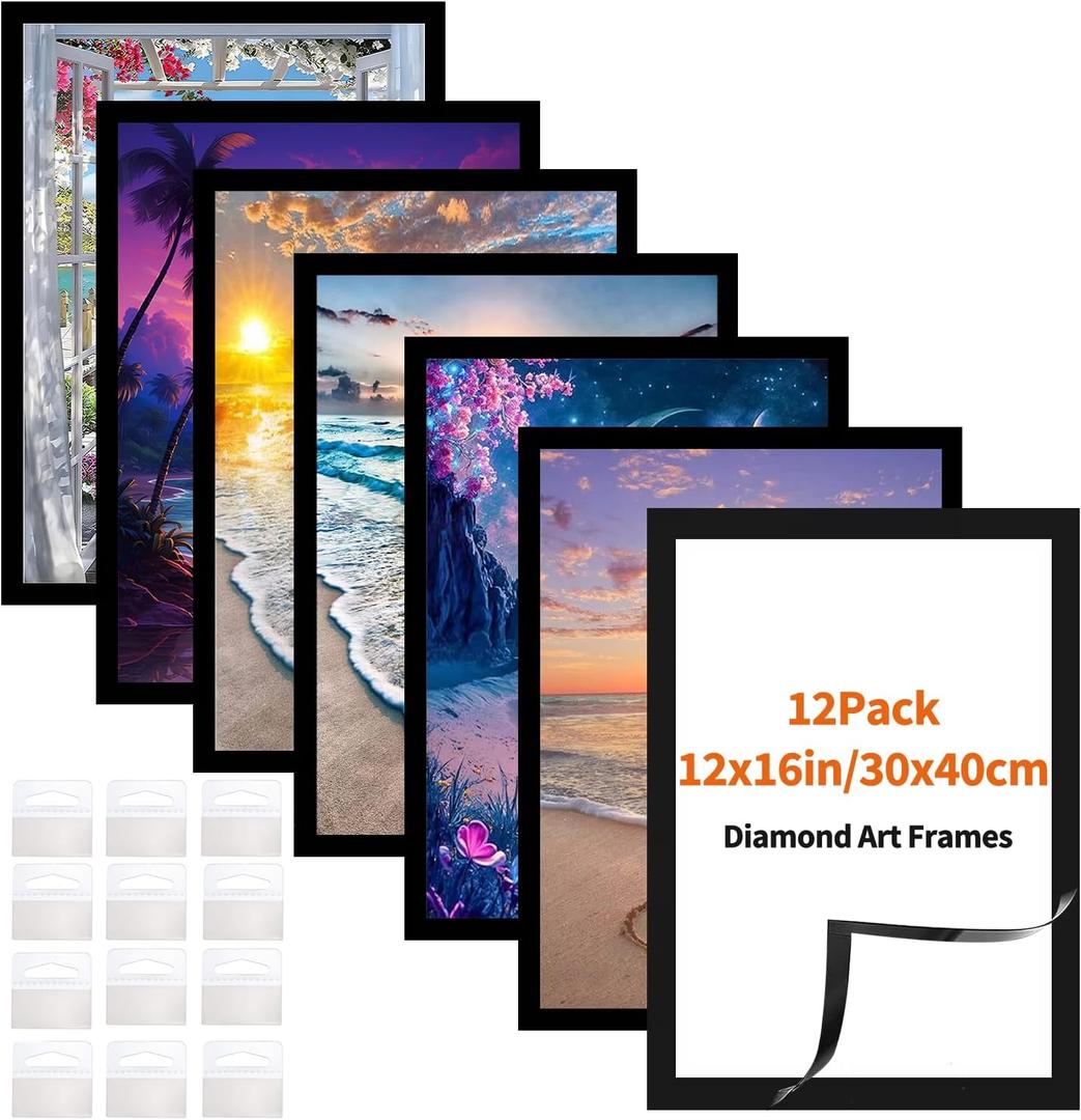 XEUZK Diamond Art Frames - 12 Pack (Black) 30x40cm, Magnetic Diamond Art Painting Canvas Frame 12"x16",PVC Self Adhesive Suitable for 10x14 in(25 * 35cm) Picture for Home Office Wall Door Decor