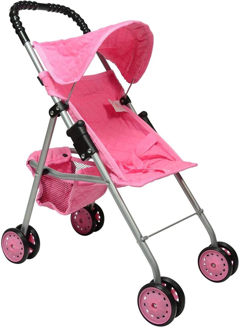 The New York Doll Collection My First Doll Stroller with Basket, Foldable Doll Stroller (Pink Quilted)