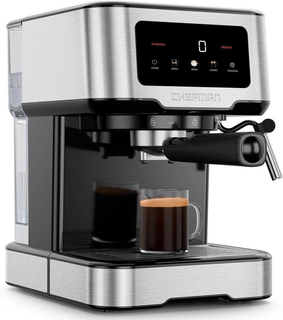 Chefman CraftBrew Espresso Machine, 15-Bar Pump Digital Espresso Maker w/Steam Wand for Latte & Cappuccino, Compact Espresso Coffee Machine w/ 1.5L Removable Water Reservoir - Stainless Steel, Small