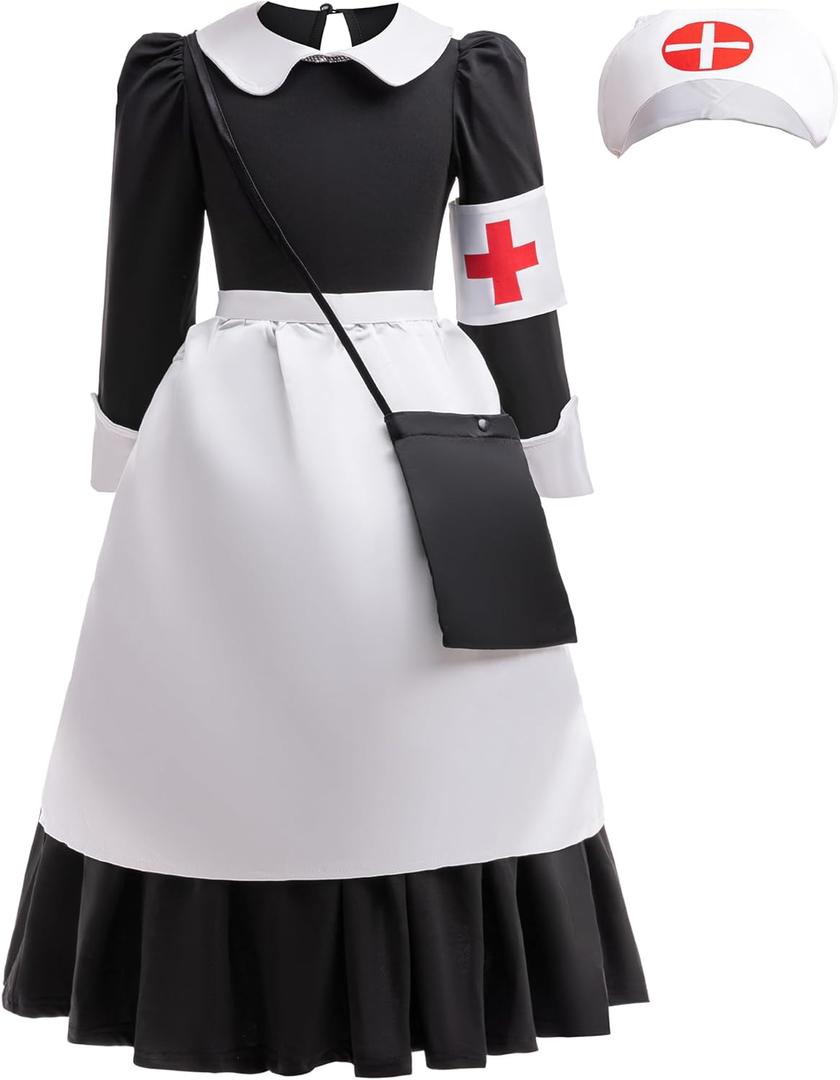 Coolproud Clara Barton Costume Girls Wartime Nurse Costume 4pcs Includes Dress Apron Hat Armband (3-4 Years(110))