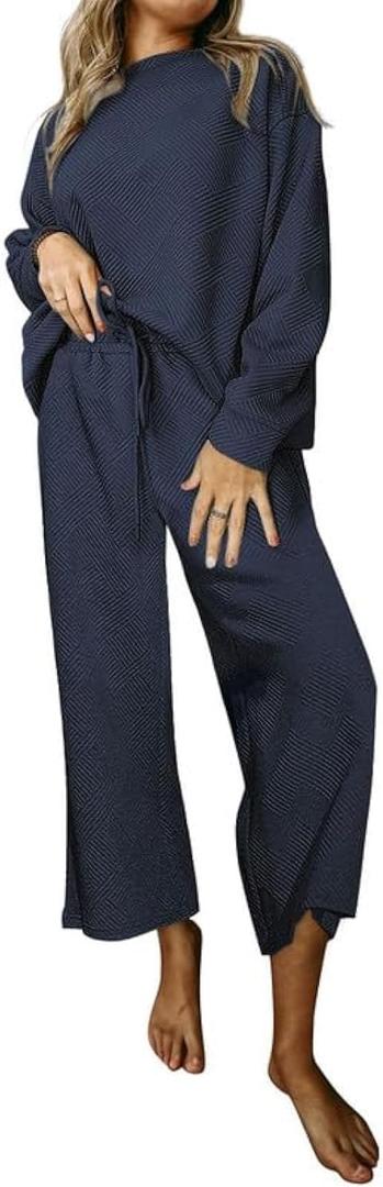 SHEWIN Women's 2 Piece Outfits Sweatsuit Casual Long Sleeve Pullover Tops and Drawstring Wide Leg Pants Lounge Sets
