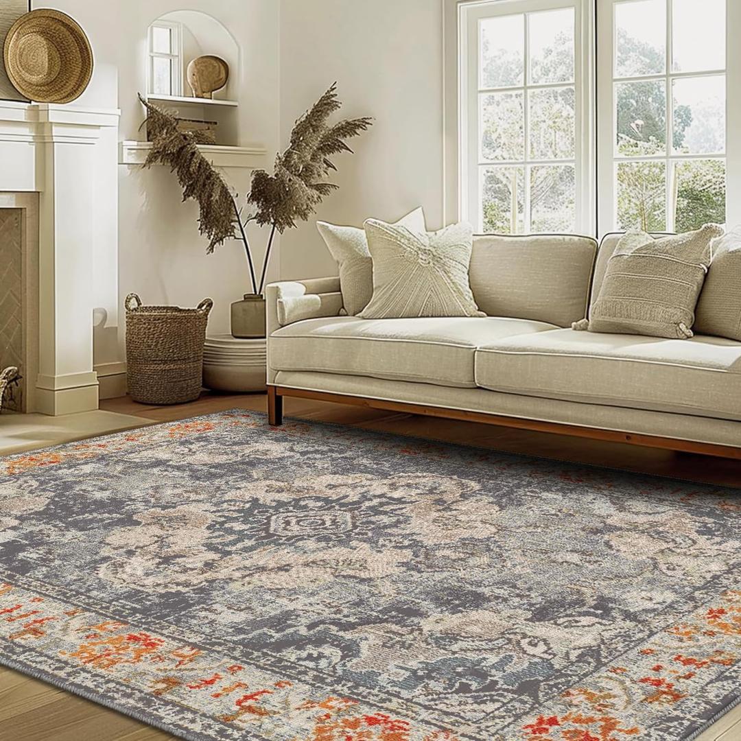 Area Rugs for Living Room - 5x7 Area Rugs, Machine Washable Rugs 5x7, Non-Slip, Stain Resistant Soft Boho Vintage Large Carpet Low Pile Thin Rugs for Living Room Bedroom (Gray Mixed With Green)