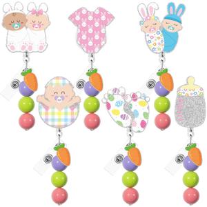 Easter Bunny Badge Reel - 6 Pcs Bunny Carrot Acrylic Design with Pastel Beads for Pediatric Nurse NICU OB/GYN Team Medical Staff Appreciation Gifts Holiday Party Favors Easter Basket Fillers (Multicolor)