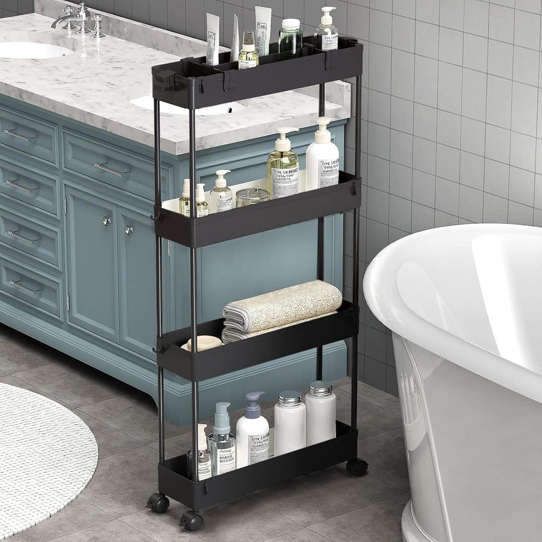 SPACELEAD Slim Storage Cart 4 Tier, Bathroom Organizer Rolling Utility, Mobile Shelving Unit Slide Out for Office, Kitchen, Laundry Room & Narrow Places, Black