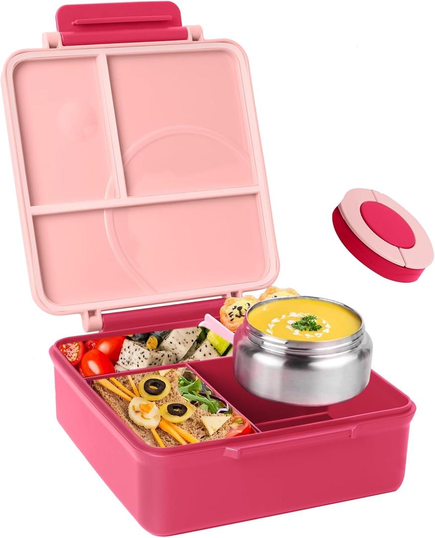 Insulated Bento Box for Kids - 8oz Thermos Leak-Proof Lunch Container, 4 Compartment for Hot & Cold Food, School & Travel
