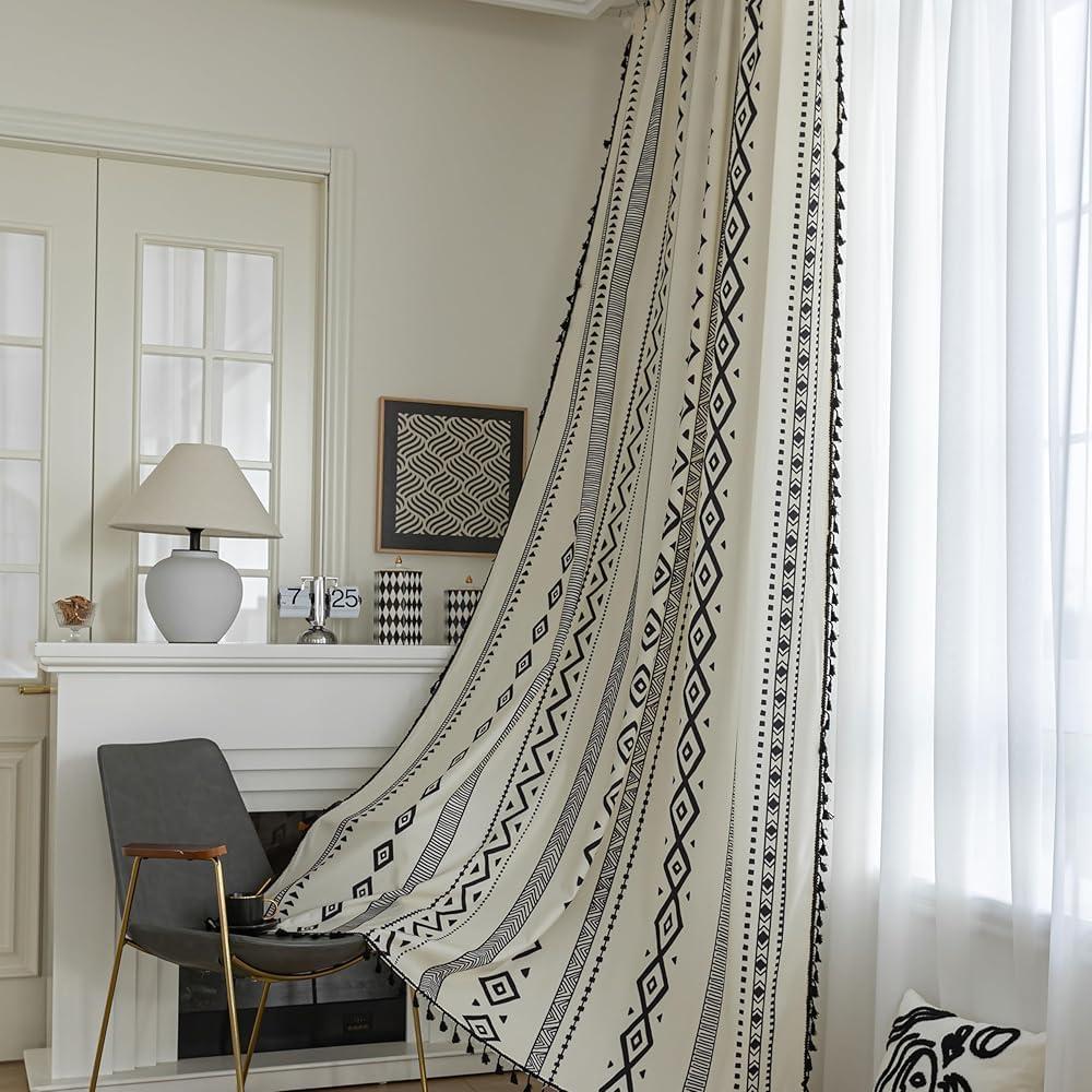 Boho Curtains Geometric Light Filtering Semi-Blackout Window Curtains 84 Inches Long Rod Pocket Drapes for Living Room 2 Panels-Black Totem