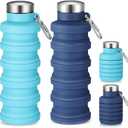 Baderke 2 Pcs Collapsible Water Bottles 17oz Silicone Travel Foldable Portable Water Bottle with Buckle Silicone Lightweight Reusable Leakproof for Camping Hiking Cycling Sport(Navy Blue,Blue)
