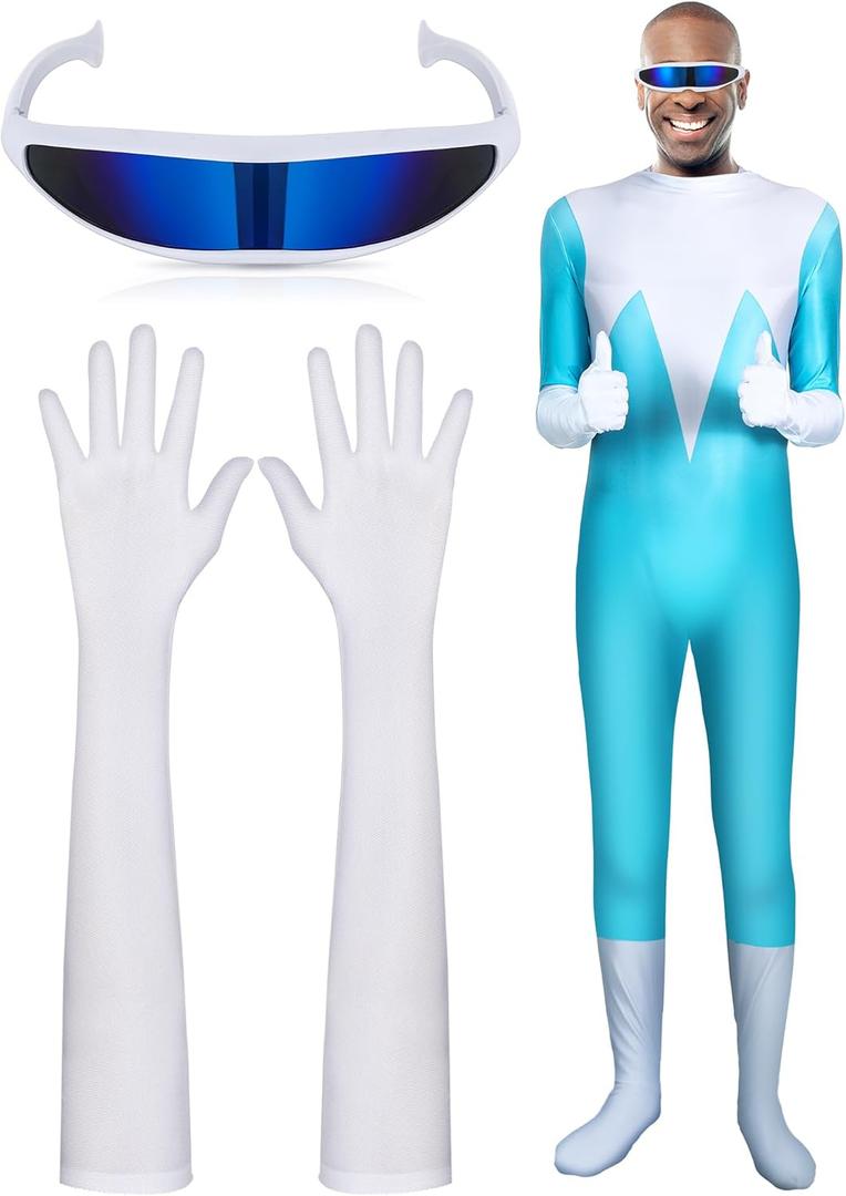 2 Pcs Halloween Costume Accessory Includes White Satin Gloves and Mirror Monoblock Glasses Costume Futuristic Sunglasses Satin Gloves Elbow Length for Men Women Halloween Party Cosplay