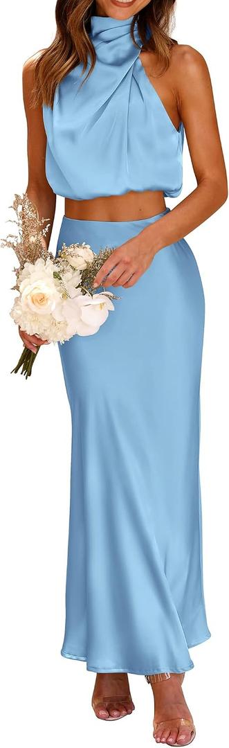 PRETTYGARDEN Women's 2 Piece Satin Outfits Summer Sleeveless Mock Neck Crop Tops and Long Skirt Dress Sets (L)