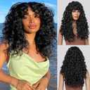 LONAI Curly Wig with Bangs for Black Women Long Black Kinky Wigs with Wispy Bangs WIG006 Curly Gorgeous Fringe Synthetic Wig for Daily Use Party Cosplay-Black (23 Inch (Pack of 1))
