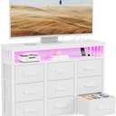 J-yaamiZz 9 Drawer Dresser TV Stand with LED Lights & Power Outlets, Entertainment Center with Open Shelf, Media Console for 50” TV, Large Storage Dresser for Bedroom (White)