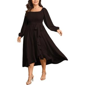 SCOMCHIC Women Plus Size Cocktail Dress Formal Long Sleeve Wedding Guest Smocked High Low Ruffle Dress with Belted (XXXL)