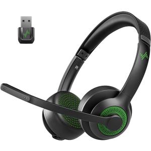 JIAMQISHI Wireless Headset with AI Noise Cancelling Microphone Bluetooth Headset - Bluetooth V5.2 Headphones with USB Dongle & Mic Mute for Computer/Laptop/PC/iPhone/Android/Cell Phones/Zoom-Green