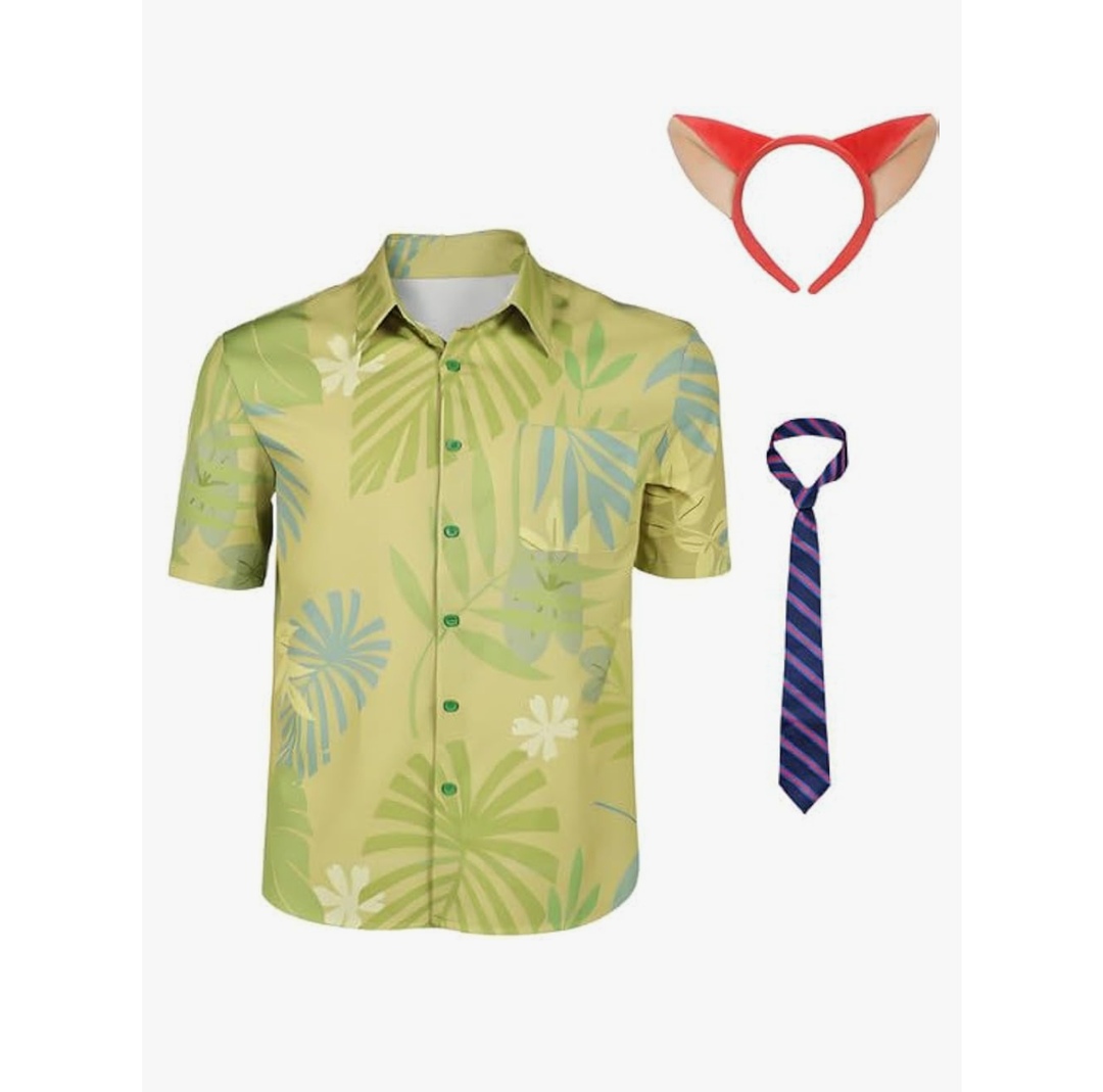 Nick Wilde Costume Adult Fox Nick Cosplay Hawaii Green Printed Shirt Fox Ear Hairband Striped Tie Halloween Outfits, M
