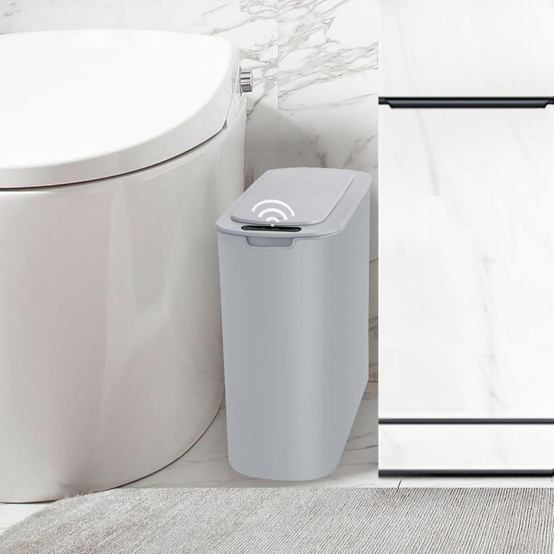 TIPGO Automatic Motion Sensor Bathroom Can with Lid, 2.6 Gallon Touchless Bin, Smart Garbage Can Plastic Slim Wastebasket for Bedroom, Office, Dorm (Grey)