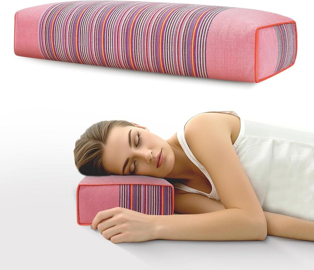 Buckwheat Pillow & Cervical Pillows for Sleeping (21x8x3inch), Natural Cooling Technology and Relieve Cervical Pain, 100% Organic Coarse Cloth Package w Organic Buckwheat Hulls. (Light Red)