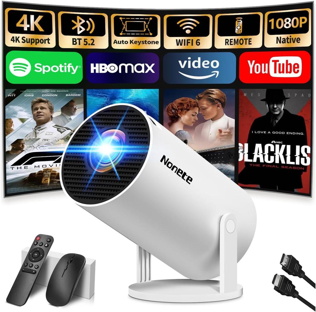 [2026 Upgraded] Mini Projector Support 4K 1080P FHD Auto Keystone 270 Rotatable with WiFi 6 and Bluetooth 5.2 Projector Portable Compatibile with HDMI/TV Stick/Memory Stick/Laptop,White (Whtie)