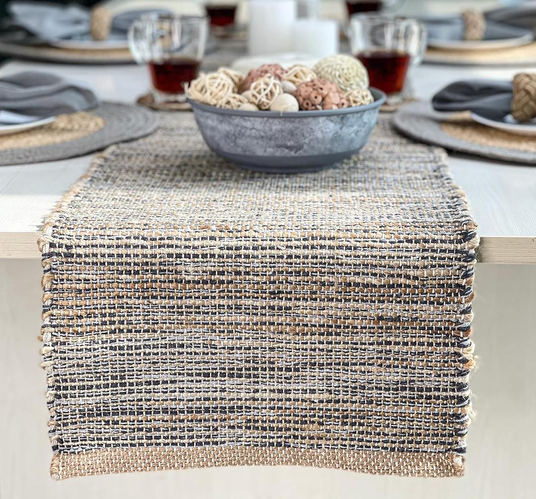 Natural Jute Table Runner - 13x72 Inch. Rustic Farmhouse Runner in Natural Jute and Grays