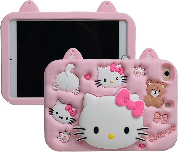 Cartoon Case for iPad 10.2"，MONEHOYSY Cute Soft Silicone Kickstand [Drop Proof,Shock Proof,Anti Slip] Back Stand Cover Case for Kids Children Teens Girls Boys (Kitty-1)