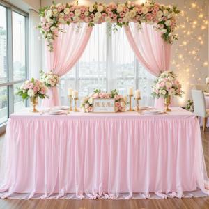Pink Tablecloths for 8 Foot Rectangle Tables Tulle Tablecloth Fitted Pink Table Cloth Rectangle 8ft Stretch Spandex Table Covers for Baby Shower Girls Birthday Party Wedding Banquet Desk Tables Skirt (96" x 30" (8FT - 1 Pack))