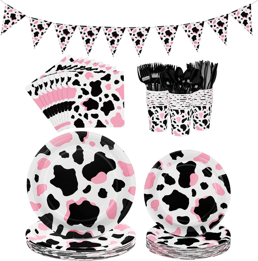 durony 198 Pieces Pink Cow Print Party Tableware Supplies Including Cowgirl Pink Cow Party Plates Spoons Forks Knife Cups Napkins Serves for 28 Banner and Tablecloths for Cow Theme Party Decorations