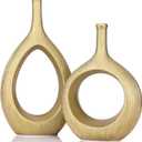 LCCCK Matte Gold Ceramic Vase Set of 2 - Ribbed Hollow Aesthetic Decorative Vase, Modern Farmhouse Table Centerpiece, Boho Gold Vases for Flower Decor and Home Living