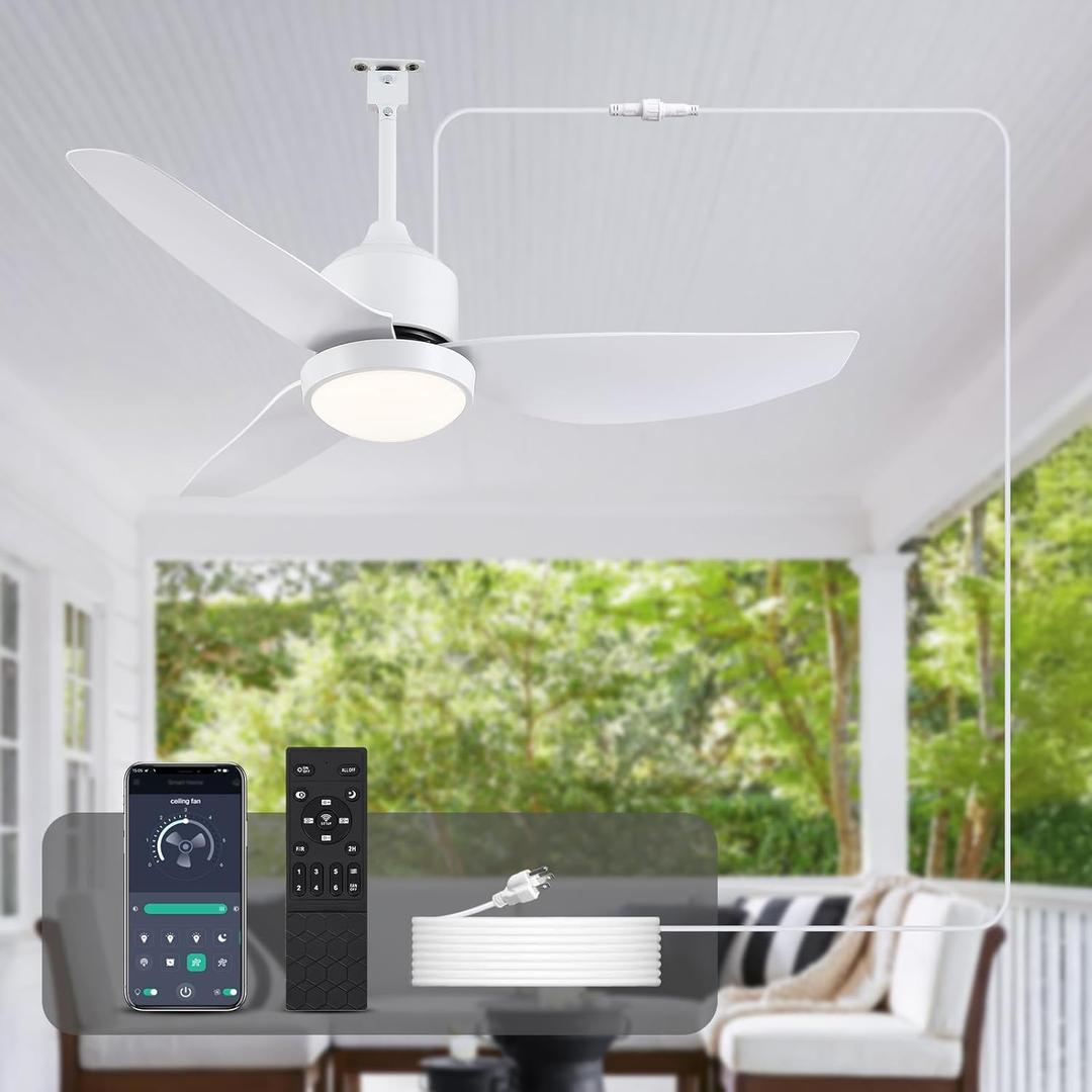 BZX Waterproof Outdoor Ceiling-Fan with Light - 42" Modern Ceiling Fans with 3 Colors LED Light, App & Remote Control, Quiet DC Motor, for Patios Gazebo, White