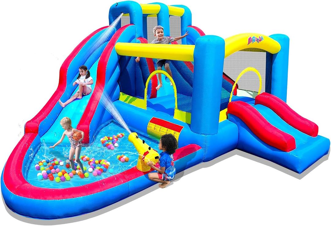 MIRUNAIR Inflatable Bounce House, Blow Up Bouncy House Include Slide, Outdoor Backyard Water Park with Air Blower, Splash Pool, Water Cannon, Climbing Wall, Bounce Water Prak for Kids, Medium