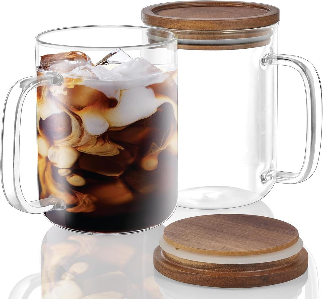 DRASTAR Glass Coffee Mugs, 20 oz Clear Coffee Cups with Acacia Wood Lid, Large Coffee Mug Set of 2, Tea Glass Cups with Handles, Glass Coffee Cups for Latte, Espresso, Tea