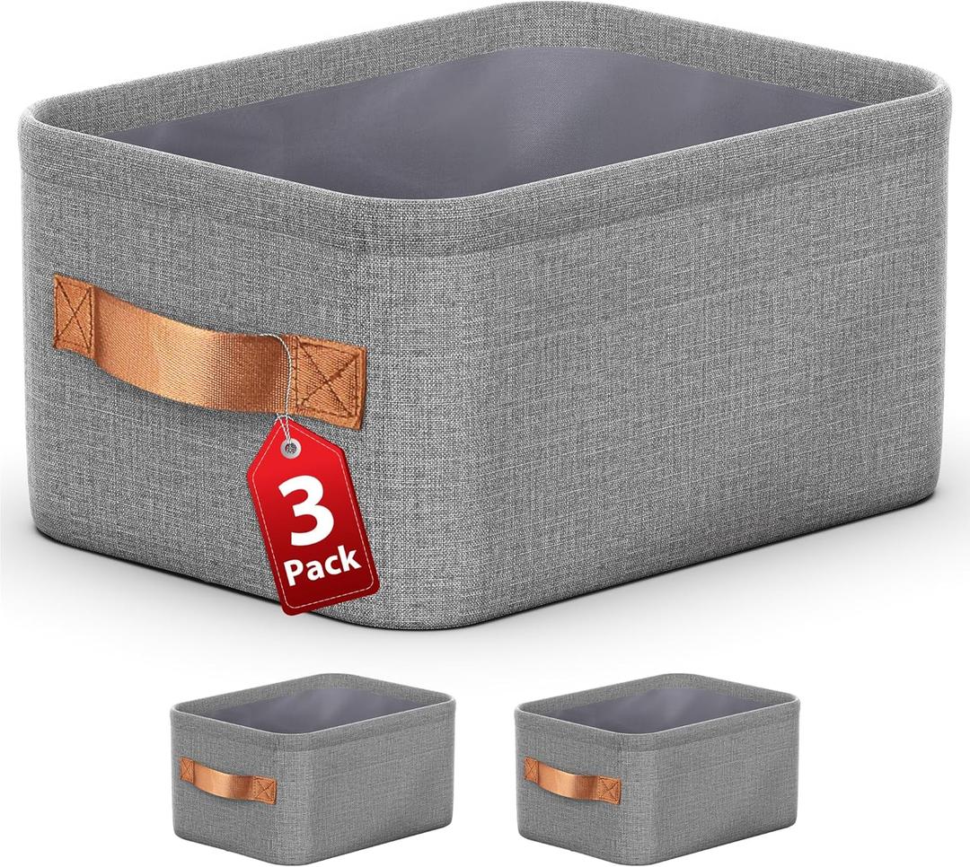 Toolola Large Storage Baskets for Shelves 3 Packs, Fabric Storage Bins for Shelves with Handles, 16.1'' L 12.2'' W  8.2'' H Collapsible Baskets for Organizing Clothes, Toy, Grey