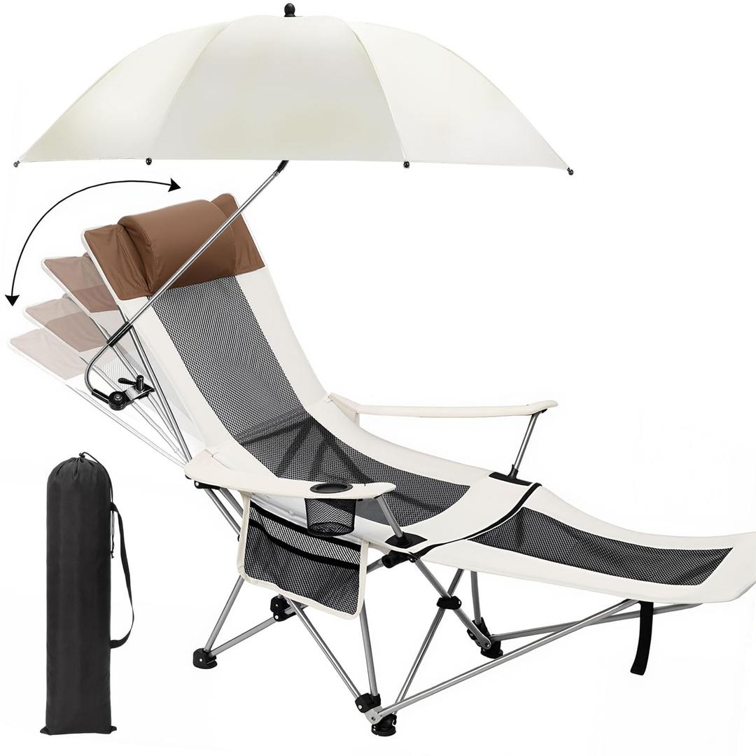 Lineshading 2 in 1 Beach Chair with Umbrella, Folding Camping Reclining Chair with Sunshade Headrest Footrest, 4 Position Adjustable Mesh Lounger Portable for Summer Tailgates Camp Fishing (White)