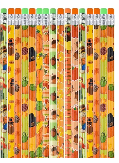 PLULON 13 Pieces Fall Thanksgiving Day Pencils with Eraser Holiday Pencils with Thanksgiving Day Elements of Pumpkins, Fall Leaves, Acorns for Fall Thanksgiving Day Party Supplies Wood Pencils