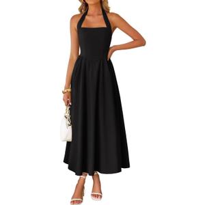 ZESICA Women's Summer Sleeveless Halter Midi Dress 2026 Off Shoulder High Waist Flowy Formal Wedding Guest Long Dresses (Black, S)