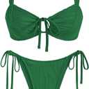 ZAFUL Women's Cinched Bikini Solid Color Wave Textured Knotted Tied Side Two Piece Swimsuit Bathing Suits (Deep Green, S)