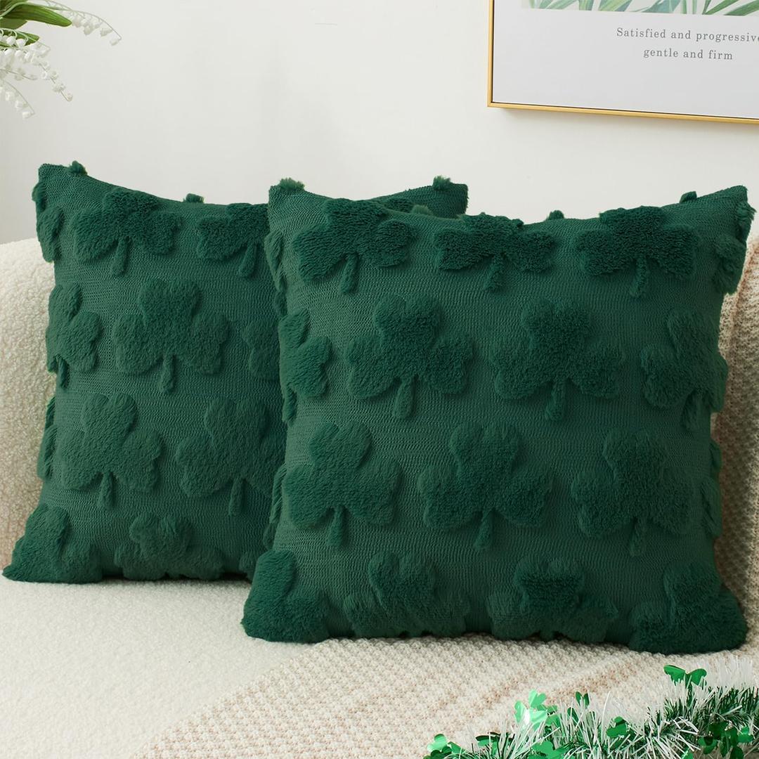 Kevin Textile St. Patrick's Day Pillow Covers 18 x 18 Inch Pack of 2 Soft Faux Fur Green Shamrock Decorative Lucky Clover Throw Pillowcase for Spring Home Bed Sofa Couch Dark Green