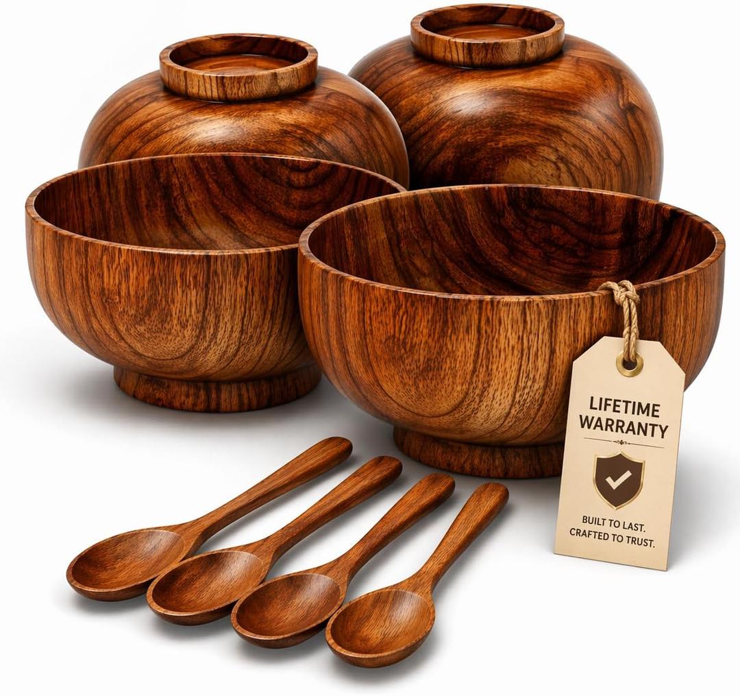 Wooden Bowl and Spoon Set of 4 - Japanese Style Natural Wood Soup Rice Salad Bowls with Spoons, Eco-Friendly Handcrafted Tableware, Housewarming Kitchen Gift