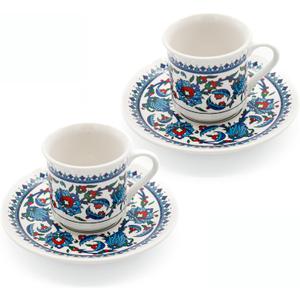 Turkish Coffee Cups Set of 2 with Saucers and Cup Holder, Ceramic Espresso Cups, Perfect for Serving Arabic Coffee White & Blue Pattern