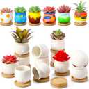 Remerry 12 Pcs 2.5 Inch Mini Succulent Pots with Bamboo Tray White Ceramic Pots Color Your Own DIY Small Planters Containers for Flower Cactus with Drainage Hole for Plant Lover