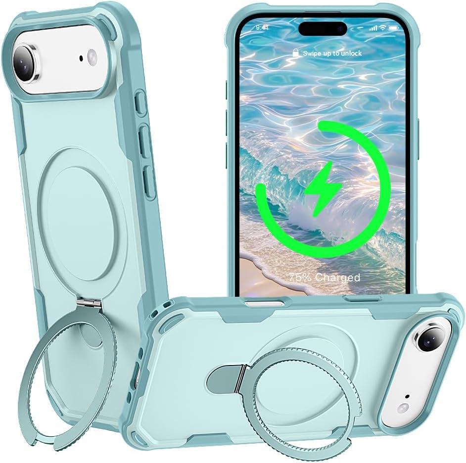 Designed for iPhone 17 Air Case with Magnetic Stand [Military Drop Protection][Compatible with Magnet] Shockproof 17 Air Phone Case with Ring Holder, Green