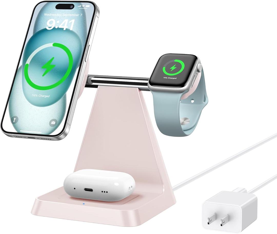 Magnetic Wireless Charger for iPhone - 3 in 1 Charging Station for Multiple Devices Charger Stand for Apple Watch iPhone 16 15 14 13 12 Pro Max (Pink)