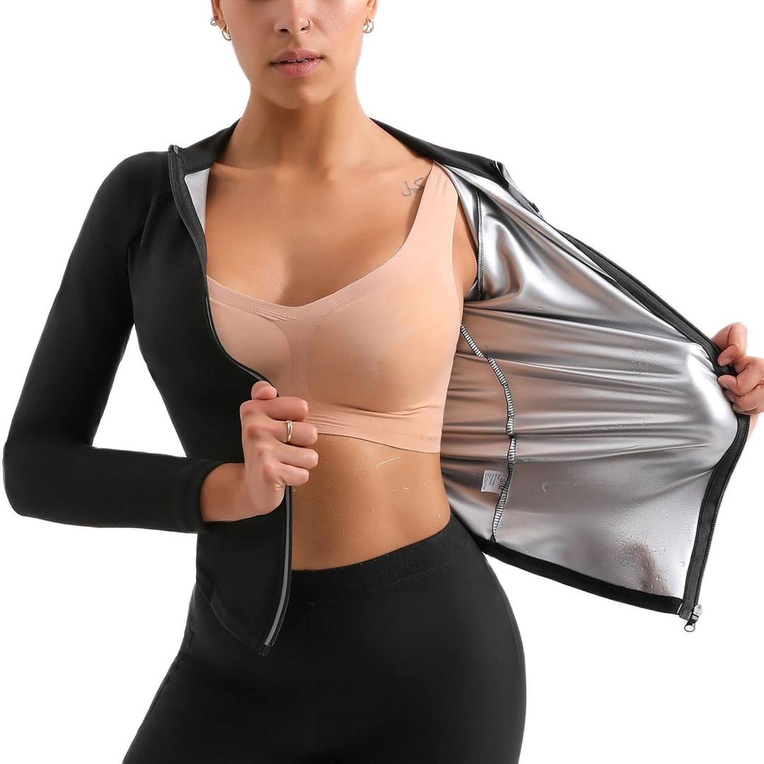 Sauna Suit Hot Sweat Body Shaper Jacket Waist Trainer Long Sleeve Zipper Shirt Workout Top (2XL/3XL, Black Y7)