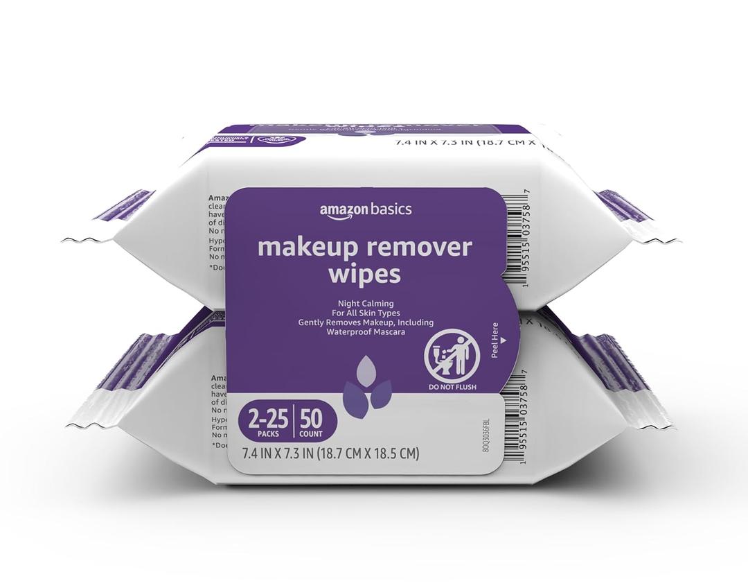 2 x Amazon Basics Makeup Remover Wipes, Gentle Cleansing, Dermatologist Tested, Night Calming, Plant Based, Alcohol-Free, Removes Waterproof Mascara, 25 Count Per Pack, Pack of 2