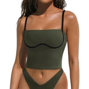 OMKAGI Womens Workout Tank Tops Adjustable Strap Longline Sports Bra Padded Sleeveless Top (Large, Dark Green)