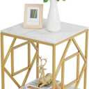 Wisfor Sintered Stone End Table: 2 Tier Square White Small Coffee Table with Gold Frame - Modern Sofa Storage Side Table - Bedside Nightstand for Living Room Bedroom