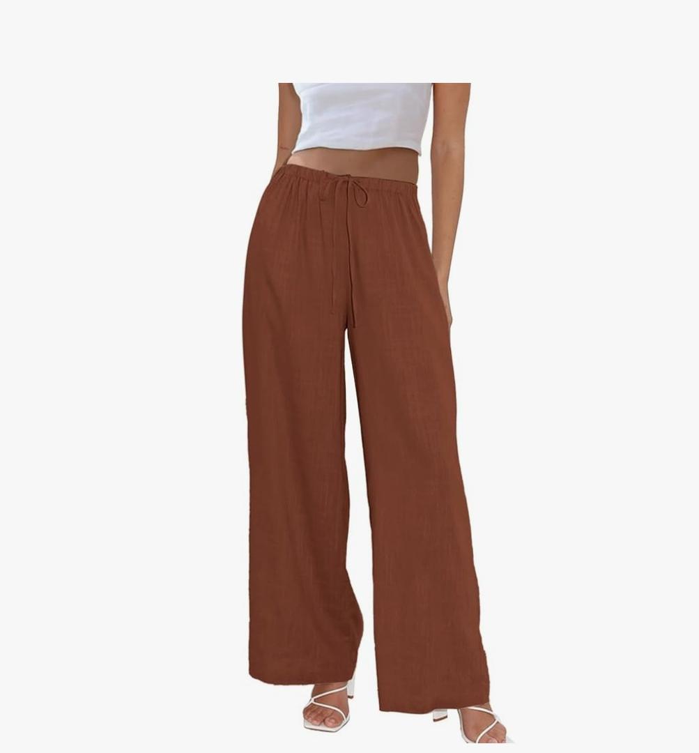 Womens Cotton Linen Palazzo Pants Drawstring Elastic Waist Casual Wide Leg Trousers with Pockets, Size: Large